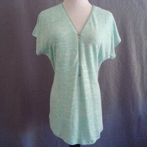 SMX Zip Up V Neck Short Cap Sleeve Top Green White Knit sz M NWT